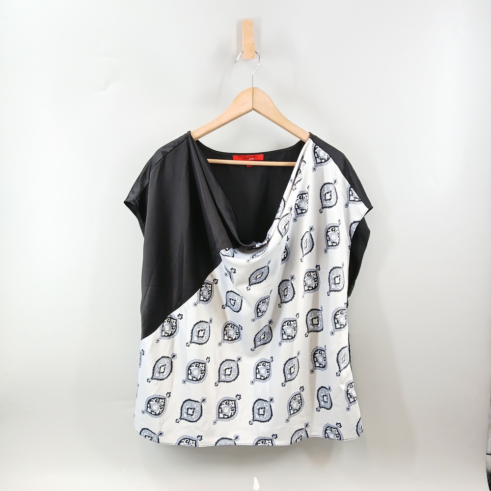 Narciso Rodriguez Satin Blouse Women XL Black White GeovPrint Cowl Neck Top